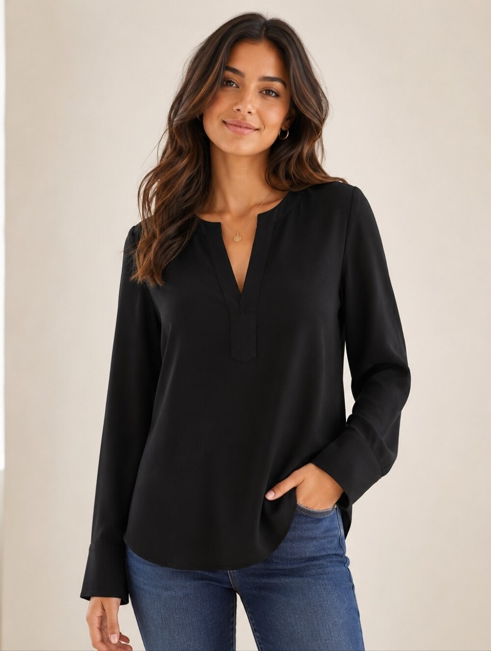 J. Crew Black Split Neck Blouse Satin Trim Crepe Button Cuffs XS Minimal Capsule